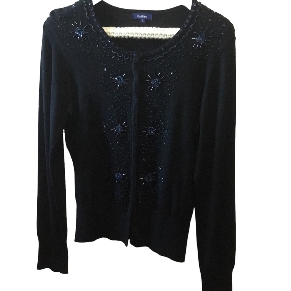 Reitmans Navy Blue Cardigan with buttons and beads, sequins, size small